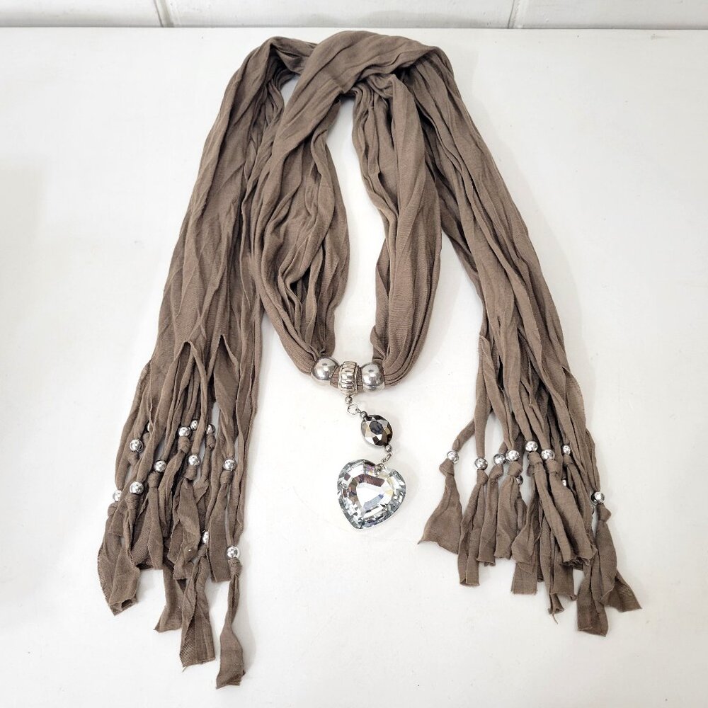 Tan Jersey Jewelry Scarf with Crystal Heart Pendant - Picture 1 of 6